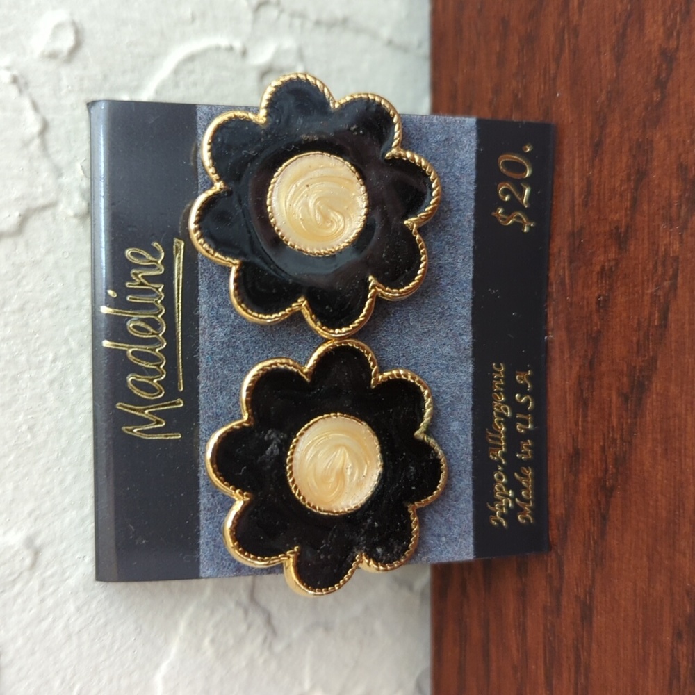 Madeline Vintage Black Enamel and Gold Flower Hypo-Allergenic Stud Earrings